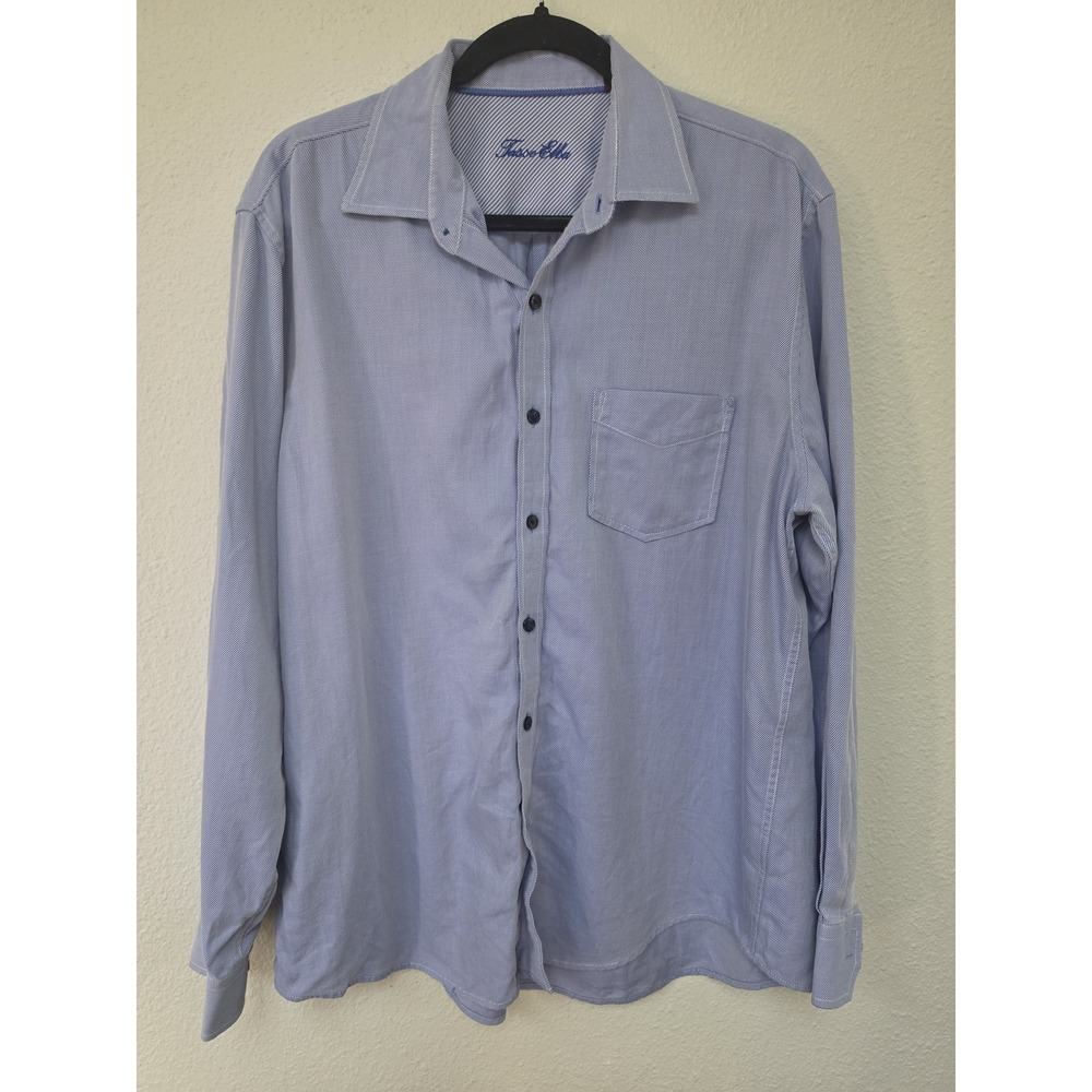 Tasso Elba Men Button-Up Shirt Size 16 16.5 Blue White Striped Cotton Classic